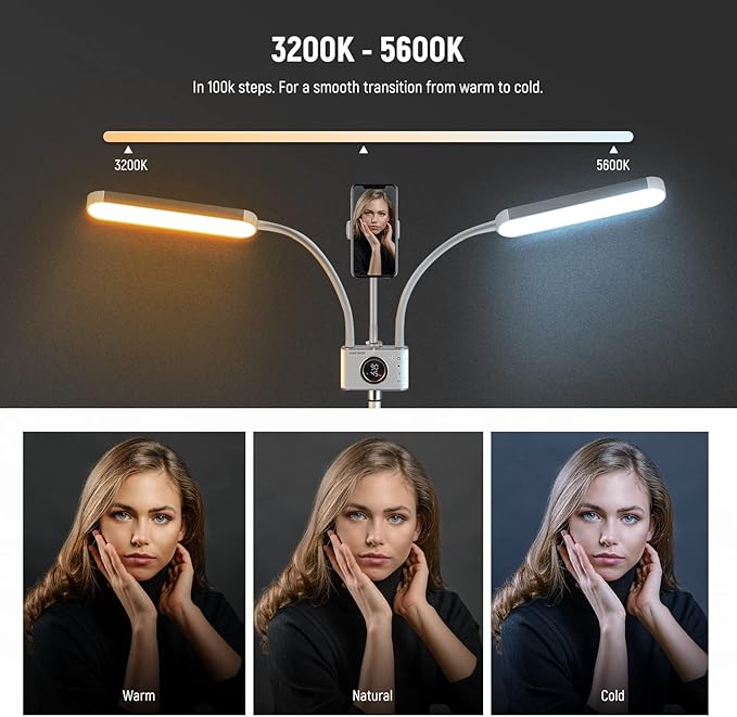 NEEWER Esthetician Light with Phone Holder & Travel Bag Kit, Support 2.4G/PC/MAC Control & Separate Control of 2 LED Light Heads, CRI98+ Bi Color Stepless Dimmable Tattoo Lighting Lash Lamp, BH40B