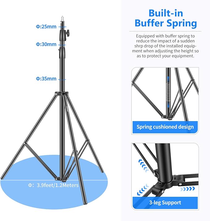 NEEWER Heavy Duty Light Stand 10ft/3m Adjustable Spring Cushioned Tripod | Metal Photography Stand, for Photo Studio Softbox, Flash Monolight, Ring Light, and Other Photographic Equipment, Black