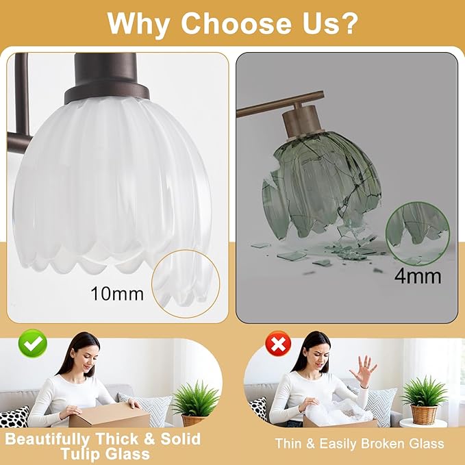 Bathroom Light Fixtures (3-Light, 20 Inch), Oil Rubbed Bronze Vanity Lights for Bathroom with Ribbed White Tulip Glass Shade, Vintage Vanity Wall Lights for Mirror Bedroom Living Room Hallway