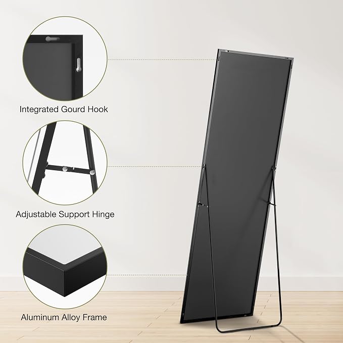 DUMOS Full Length Mirror 64"x21" Full Body Floor Mirrors for Bedroom or Cloakroom, Can Stand Alone, Hang or Lean Against Wall, Tall Wall Mirror with Stand, Black
