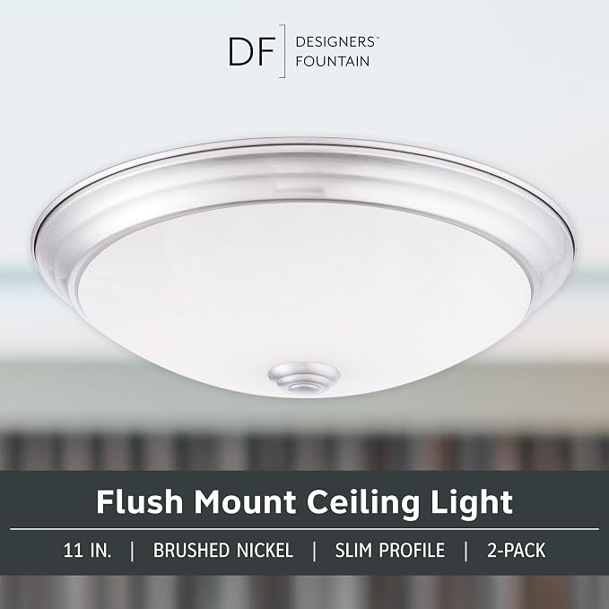 Designers Fountain 11 Inch Integrated LED Flush Mount Ceiling Light, 2-Pack, Alabaster White Glass Fixture for Kitchen, Bedroom, Bathroom, Hallway, Silver Finish, Energy Efficient, EVLED502C-35-2