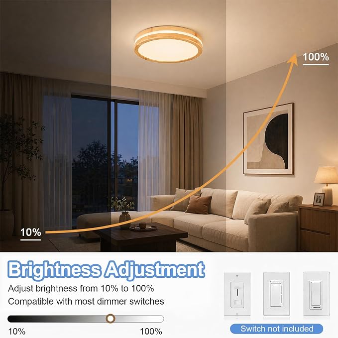 Pevfah Modern Dimmable LED Wood Flush Mount Ceiling Light, 5CCT Round Close to Ceiling Lighting Fixtures, Minimalist Ceiling Lamp for Bedroom, Kitchen, Hallway, Laundry Room-15.74in