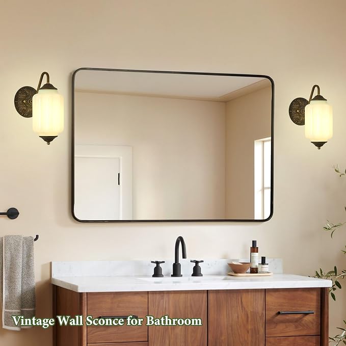 Vintage Milk Glass Wall Sconce - Set of 2,Antique Green Sconce (Bulb×2) | Dimmable,Mid Century Brass Gold,Install Up or Down,Art Deco Retro Vanity Light Fixture for Hallway Bathroom Bedroom Bedside