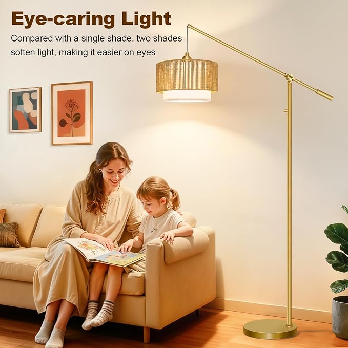 【Upgraded】Arc Floor Lamp for Living Room, Boho Dimmable Swing Arm Floor Lamp with Rattan & Fabric Shades, Gold Rattan Standing Lamp with 11W Bulb, Farmhouse Adjustable Tall Lamp for Bedroom Office