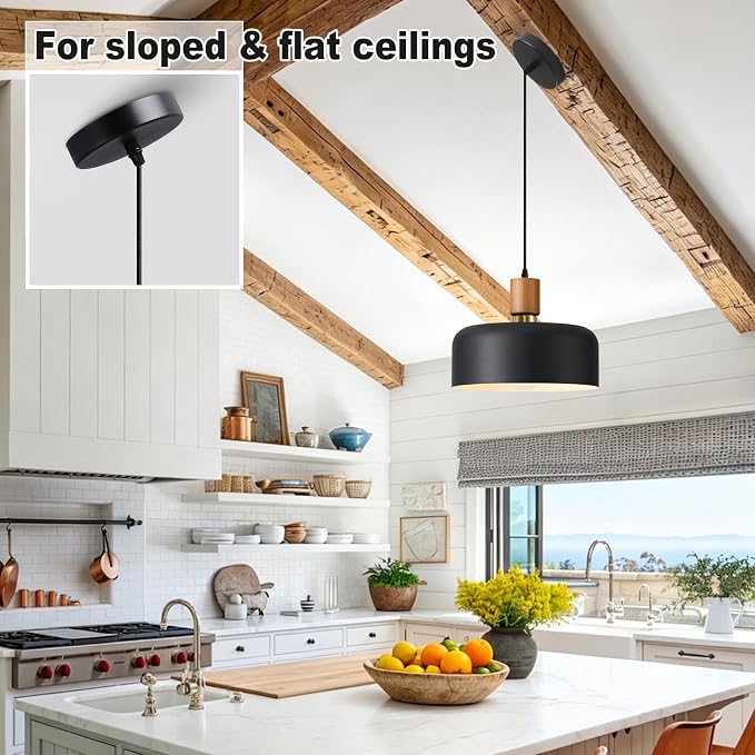 11.6" Black Pendant Light, Walnut Oak Wood & Brass Metal Drum Shade