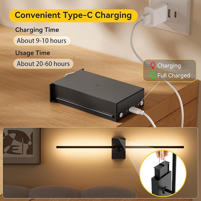 Battery Operated Wall Sconces Set of 2, 10000mAh Wireless Rechargeable 3000-6000K Dimmable 350° Rotate Wall Light with Remote for Living Room, Bedroom 27.6in Black