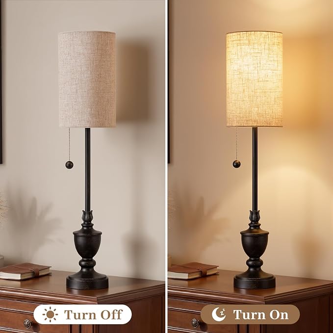 Buffet Table Lamps Set of 2 - 28" Tall Skinny Black Resin Table Lamp for Living Room - Traditional Rustic Candlestick Lamp with Pull Chain for Console Table,Dining Sideboard,Entryway,Hallway,Bedroom