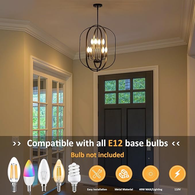 Black Chandelier for Dining Room Light Fixture, 8-Light Foyer Lighting Fixtures Adjustable Pendant Lights Kitchen Island Rustic Modern Farmhouse Chandelier for Entryway, Living Room, Foyer, Bedroom