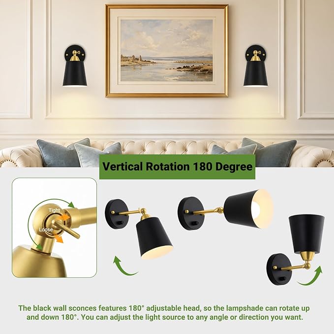 Dimmable Wall Sconces Set of 2, Wall Mounted Bedside Lamps with Rotary Switch, Black & Gold Sconces Wall Lighting, Bathroom Light Fixtures with Metal Shade, Wall Lights for Bedroom Living Room