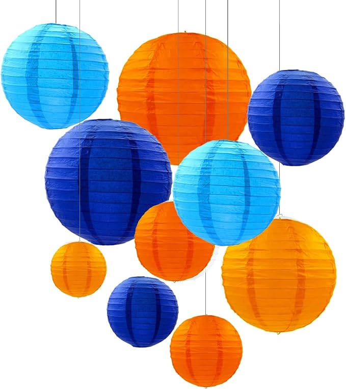 ZOOYOO 10Pcs Paper Lanterns,Blue Orange Round Hanging Tissue Paper Lanterns Decorations for Kids Birthday,Graduation,Carnival,Theme Party Garden Home Decor