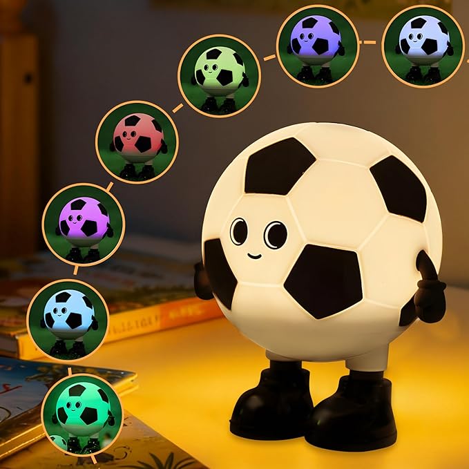 Cute Soccer Silicone Night Light for Kids,Rechargeable 7-Color Changing Lamp with 3-Level Dimming & 30-Min Timer, Safe Squishy Room Decor Christmas/Birthday Gift for Boys Girls