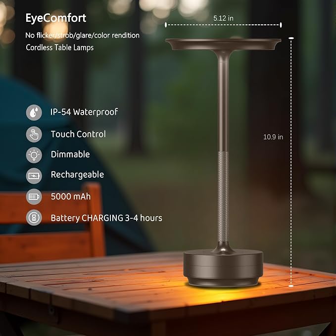 UdoUto Cordless Table Lamp Rechargeable -Coffee | 5000mAh Battery Operated, LED, Touch Stepless Dimming, Portable Metal Outdoor Lamp for Patio, Restaurant