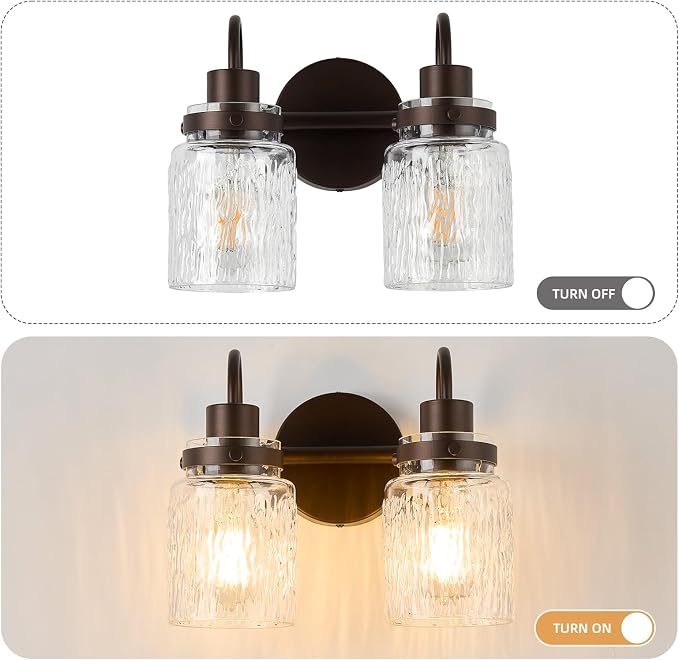 2 Lights Hammered Glass Bathroom Vanity Light, Oil Rubbed Bronze | Easy Installation,Up or Down,Farmhouse Modern Style,E26 Socket,ETL Certification