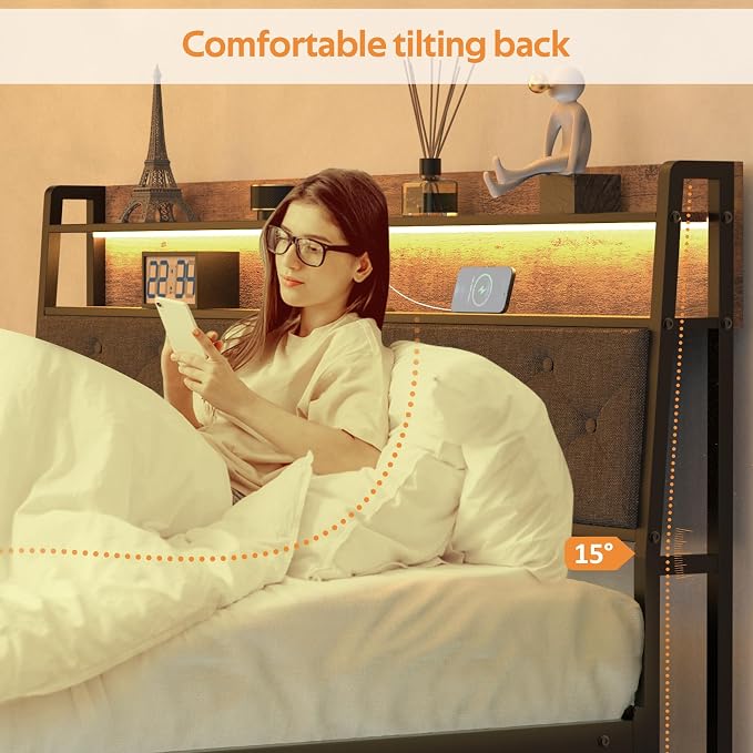 Winkalon Full Bed Frame with Ergonomic Headboard, Platform Bed Frame with RGB Lights, Outlets & Charger, Fast Assembly Bed Full Size, Modern Wood Upholstered Headboard,Gray