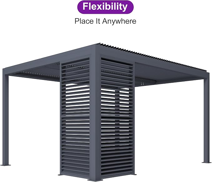 PURPLE LEAF Louvered Pergola 10' x 14' 94AS w/ 1W Side Shutter Wall Grey | Two Adjustable Roofs, Rainproof Gutters, Zero-Rust Aluminum, Plus Privacy Shutters For Total Seclusion, Aluminum Rustproof