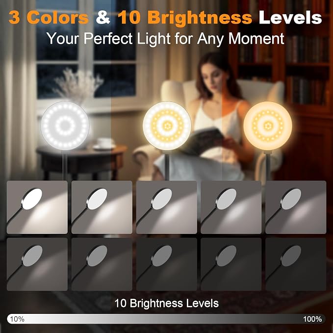 Rechargeable Clip on Light for Bed, 61 LED Cordless Reading Lamp with 3 Color Modes & 10 Brightness Levels, Portable and Flexible Book Light Clamp on Office Desk Bunk Bed Dorm Headboard (Black/3.5'')