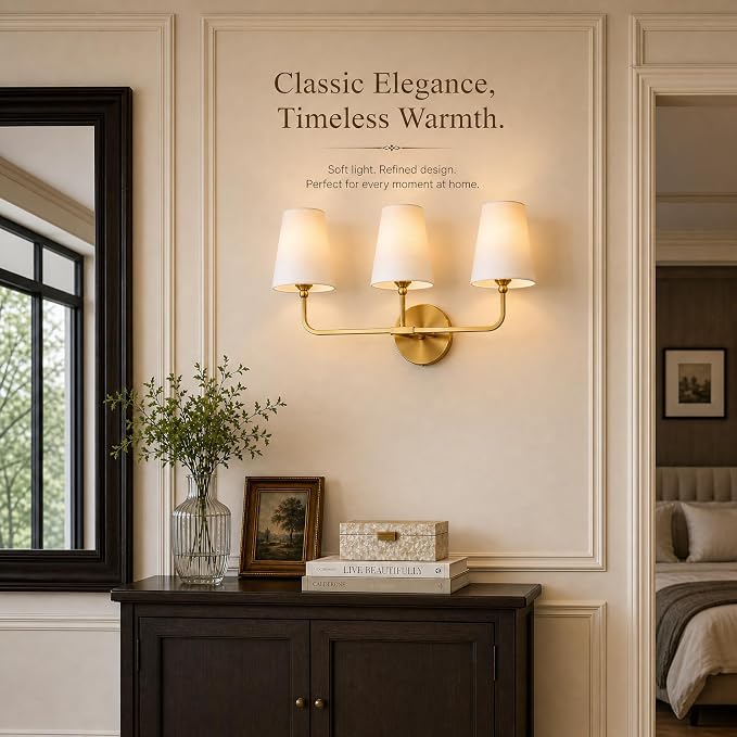 Bathroom Light Fixtures,3-Light Brushed Gold Vanity Lights,Lighting Fixtures Over Mirror with White Flared Fabric Shade,Modern Wall Sconce for Bathroom,Bedroom,Living Room,E26 Socket