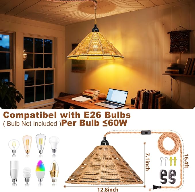 Maliralt Hanging Lamps Rattan Pendant Light - 16.4ft Plug in Cord Hanging Light Fixture Plug Into Wall Outlet Pendant Lighting with On Off Switch for Bedroom Living (Industrial Shade)