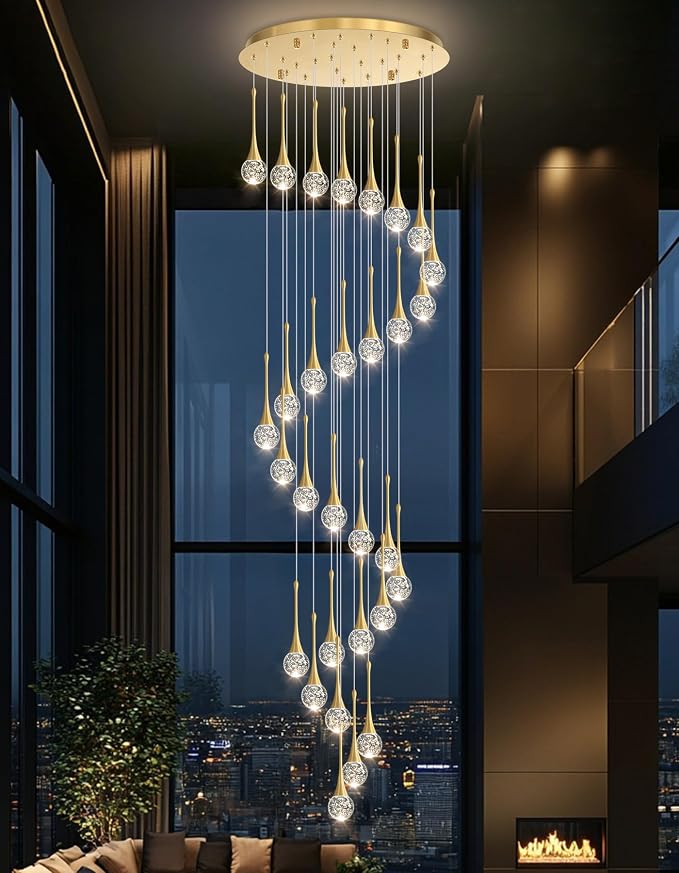 30 Light Modern Glam Crystal Chandelier for High Ceiling LED Dimmable Ceiling Pendant Light Staircase Foyer Enterway Living Room Chandelier Lighting Antique Gold
