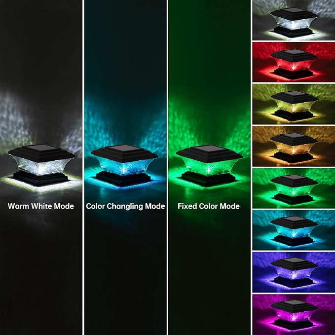 HUYIENO Solar Post Cap Lights - Outdoor LED Deck Fence Cap Light, 9 Light Modes, Bright White/7 Color Fixed & Cycling Modes, Suitable for 4x4 & 5x5 Wooden Posts, Black, 4pk