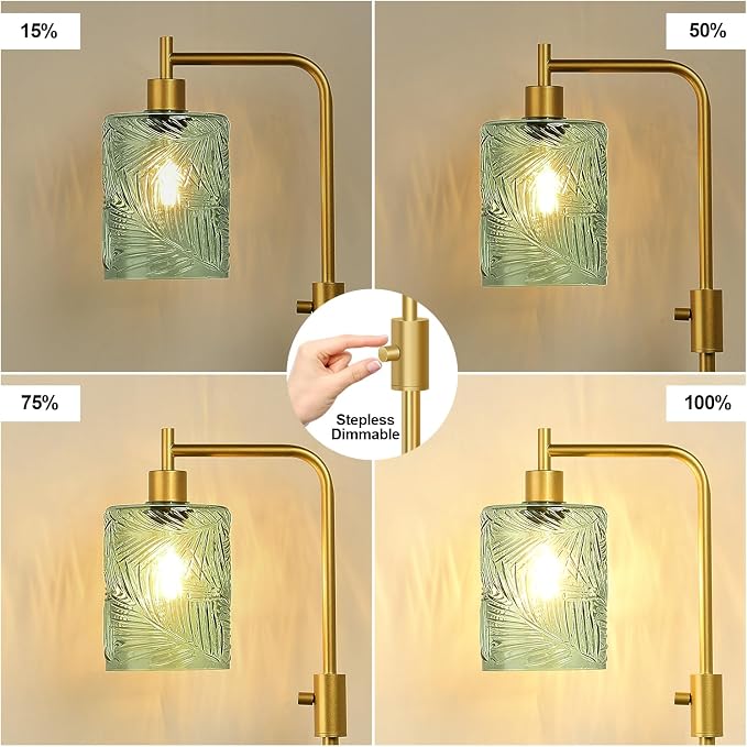 【Upgraded】 Dimmable Floor Lamp for Living Room with Green Feather Glass Lampshade, Gold Modern Floor Lamp with 900LM LED Bulb Included, Arc Standing Tall Lamp for Bedroom, Office, Reading Room, Corner