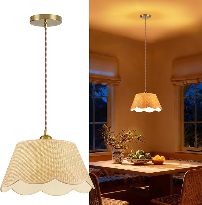 13" Gold Rattan Pendant Light, Modern Farmhouse Hanging Lamp with Scalloped Drum Shade, Vintage Coastal Boho Lighting Fixture for Kitchen Island, Dining Room, Bedroom, Living Room, Foyer