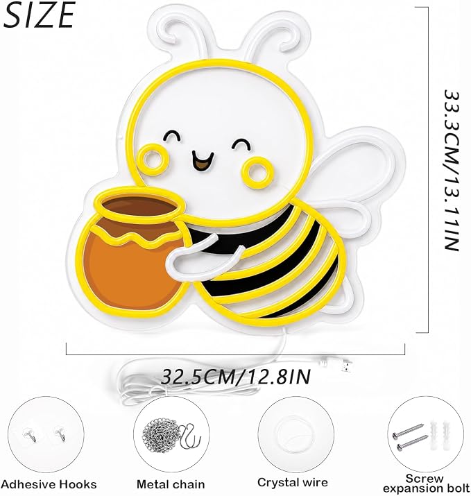 Bee Neon Sign Wall Art Cute Animal Neon Sign Honey Bee Lights Decor | Dimmable Bee Neon Light for Nursery, Kids Room, Bedroom, Living Room, Playroom, Bee Themed Decor and Nature Lovers Gift