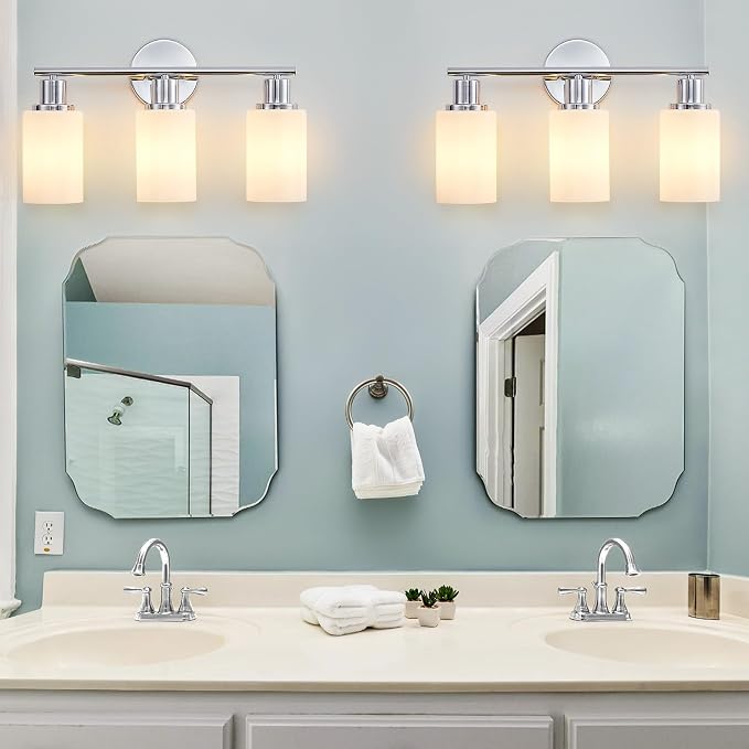 DLLT 3-Light Bathroom Light Fixtures: Chrome Modern Vanity Lights with E26 Bulbs - Milky White Glass Shade Bathroom Wall Lamp for Mirror Kitchen Living Room Hallway Cabinet Porch