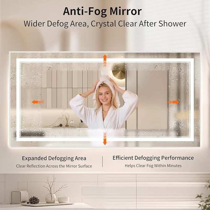 30"x60" LED Bathroom Mirror with Lights, Front & Backlit, Anti-Fog | Lighted Mirror with Dimmable, Aluminum Frame, 3 Color Temperature, CRI 90+, Touch Control with Memory, HD Tempered Glass
