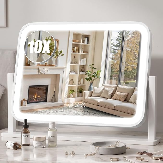 Vanity Mirror with Lights, 16.5"×12.2" LED Makeup Mirror, Rounded Frame, 10X Magnification, Smart Touch with 3-Color Lighting, Dimmable, 360° Rotation, Lighted Up for Makeup Desk, Bedroom (White)