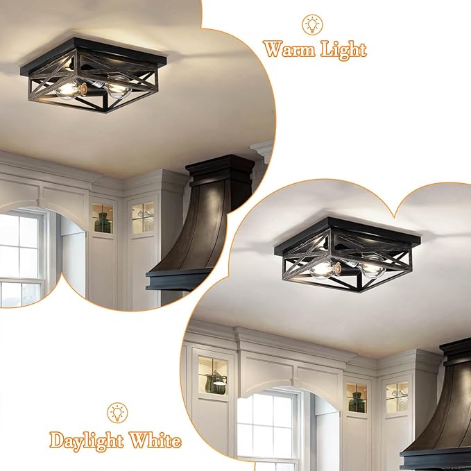 2Pack Rustic Flush Mount Ceiling Light Fixture, Modern Farmhouse Light Fixture, Kitchen Hallway Light Fixtures for Bedroom,Dining Room Entryway,Industrial Metal Cage Ceiling Light