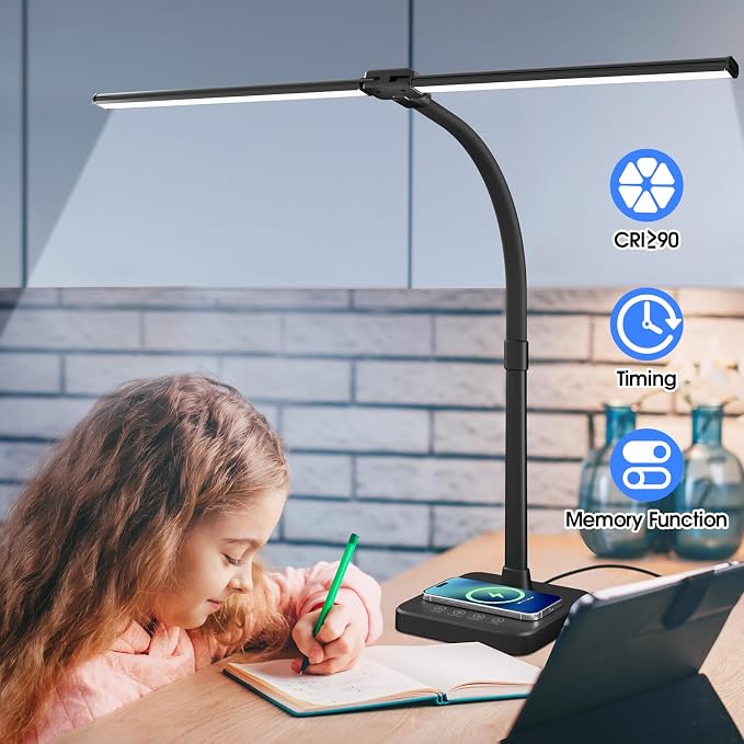 ShineTech LED Desk Lamp, 24W Double Head Desk Light with Wireless Charging | 5000K Daylight White, 25 Lighting Modes, USB Port, Dual Swing Arm, Eye-Caring, Auto Timer & Memory for Office Dorm Piano Nail
