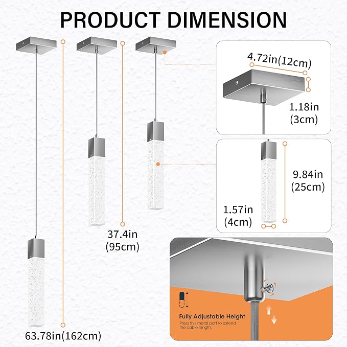 Pendant Lights Kitchen Island, 6500K Modern Kitchen Island Lights Brushed Nickel, 1 Pack Ceiling Lighting Fixtures with Crystal Bubble, Island Lights for Kitchen Dining Room Bedroom Hallway