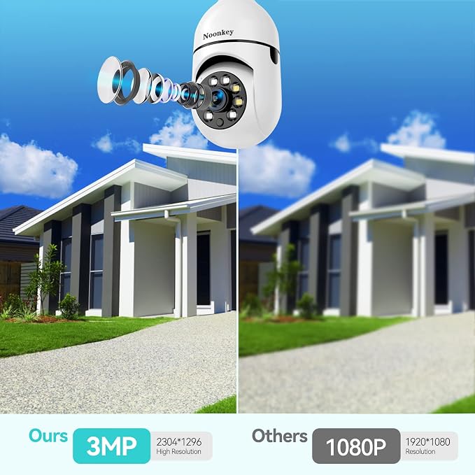 Noonkey 2K/3MP Light Bulb Security Camera, 5G& 2.4GHz WiFi Alexa E27 360° Light Socket Camera for Outdoor, Wireless WiFi Home IP Camera with Motion Tracking Alarm, Color Night Vision,Two-Way Talk