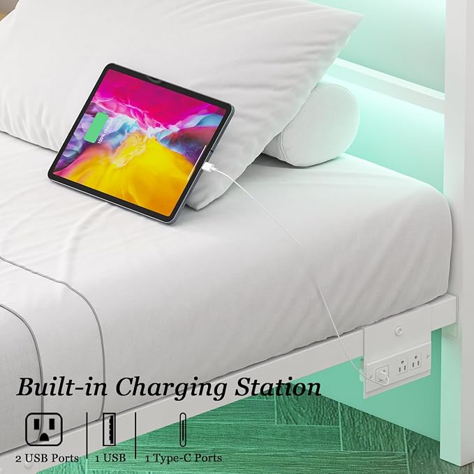 Jenmit Twin Size Bed Frames with Charging Ports&LED Lights,Heavy Duty Metal Slats Support,No Box Spring Needed,Noise Free,No Squeak,Easy Assembly,for Girls Kids,White