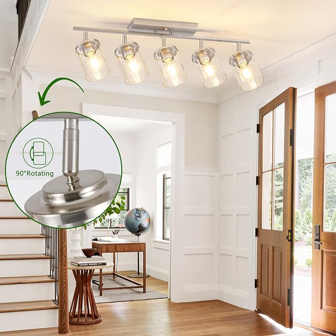 FadimiKoo 5-Lights Brushed Nickel Track Ceiling Light Fixtures, Modern Close to Ceiling Light with Clear Glass Shade, Large Hallway Lighting Fixtures for Dining Room Kitchen Living Room