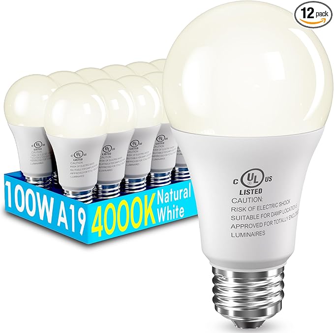 12 Pack LED Light Bulbs 100 Watt Equivalent, A19 15W Natural White 4000K, 1500 Lumens Super Bright E26 Standard No Flicker Energy Saving Lamp Bulb for Home, Bedroom, Office, 15000 Hrs, Non-Dimmable