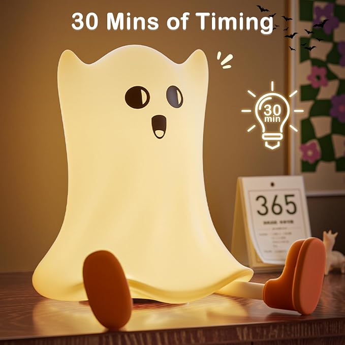 Eelexa Night Lights for Kids: Cute Lamp Rechargeable Toddler Baby Night Light with Timer, Adjustable Brightness, Ideal Holiday Season Gift Choice Halloween Home Decors (Silicone Ghost Lamp)