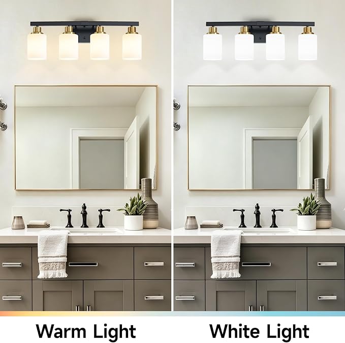 Black and Gold Bathroom Light Fixtures, 4-Light Vanity Lights,24" | Bathroom Vanity Lights with Milky White Glass Shade,Bathroom Lights Over Mirror Wall Lamp Sconces for Mirror Restroom Sink