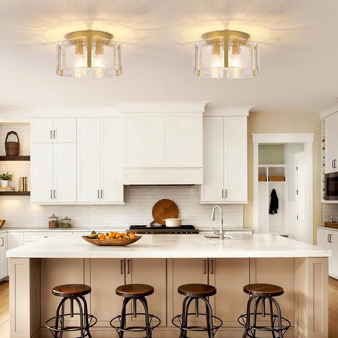 15" Gold Semi Flush Mount Ceiling Light, 3-Light Modern Drum Glass Dining Light Fixture, Dimmable Ceiling Mount for Hallway Entryway Foyer, Kitchen Over Island, Bedroom Bathroom Laundry Room Farmhouse