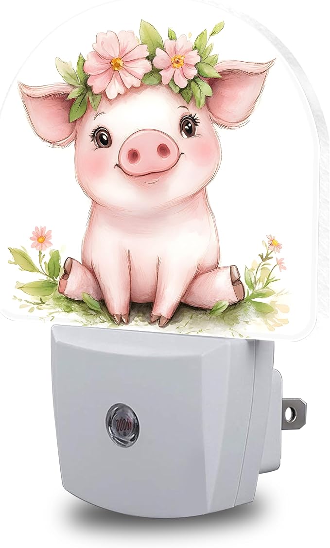 Night Lights Plug into Wall Cute Pig with Flower Crown Night Light Dusk to Dawn Smart Sensor Decorative Round Led Lamp for Bedroom Kitchen Hallway Nightlight for Women Men
