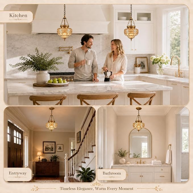 Vintage Brushed Antique Brass Pendant Light for Kitchen Island, Handblown Textured Amber Glass Hanging Light Fixture, Adjustable Height E26 Pendant Lighting for Dining Room, Entryway, Hallway