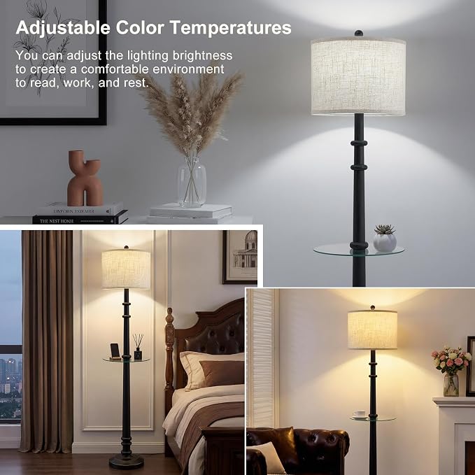 EJIAXIN Floor Lamps for Living Room - 60" Farmhouse Floor Lamp with Adjustable Color Temperatures - Vintage Standing Lamp Reading Light - Retro Tall Lamp with Table for Bedroom Office, Rustic Black