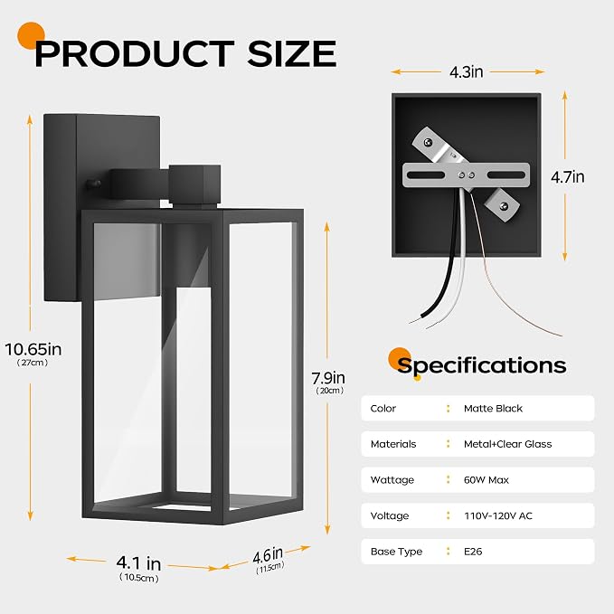 WIHTU 2Pack Outdoor Front Porch Light, Exterior Lighting Fixture Wall Mount | 10.65 inch, Anti-Rust Metal Frame, Tempered Glass, E26 Base, Waterproof, Wall Lantern for House, Patio, Garage, Entryway