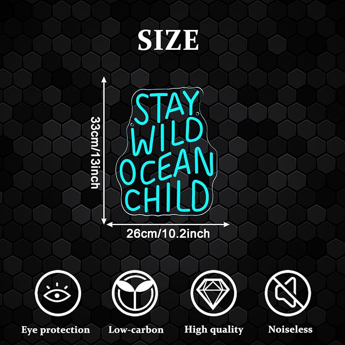 Stay Wild Ocean Child Neon Sign, Dimmable LED Kids Room Neon Light, Boho Surf Wall Art Kids Ocean Surf Bedroom Baby Playroom Wall Decor Party Gift(10.2 * 13in)