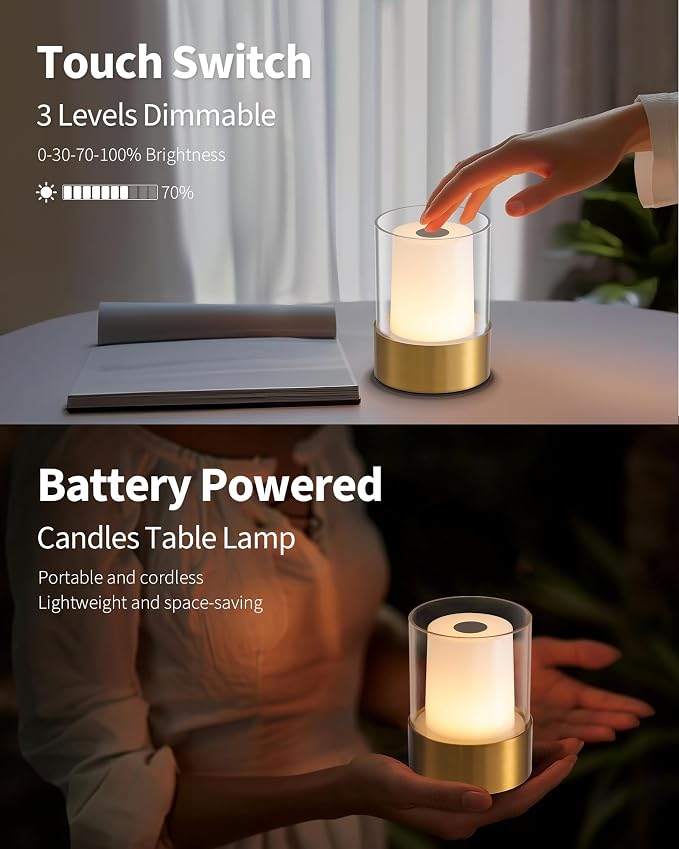 4" Bronze Cordless Table Lamp Set of 2, Outdoor Rechargeable Lamp | LED, Battery Operated, Portable, Touch Night Light for Dining Room, Camping, Bar, Party, Bedside, Bedroom, Home Decor, Gift