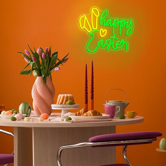 Easter Rabbit Ears Neon Sign Happy Easter LED Neon Light USB Powered Bunny Rabbit Light Up Sign for Wall Decor Bar Party Bedroom Shop Pub