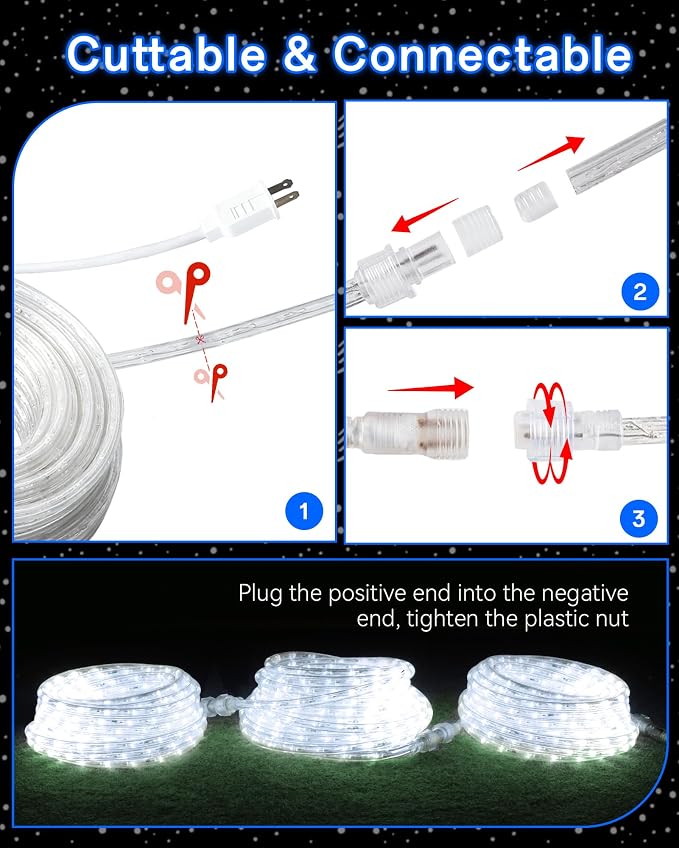 LED Rope Light, IP65 Tube Light for Christmas Patio Trees Decor, 59FT 6000K | Waterproof Clear Tube Light Plug in, 648 Daylight White LEDs 110V Flexible Cuttable Connectable for Outdoor Balcony Bedroom