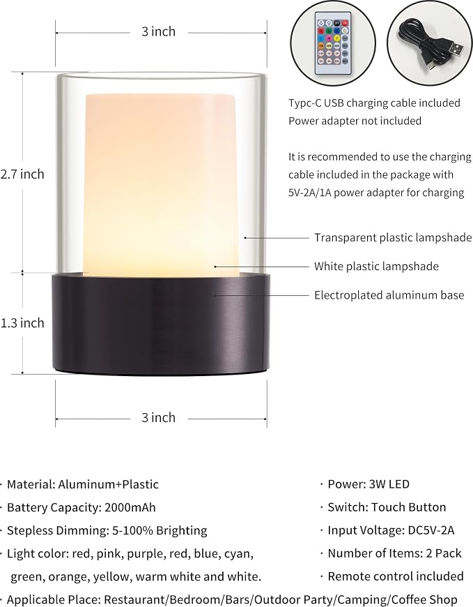 4" Black Cordless Table Lamp 2 Pack, Outdoor Rechargeable Lamp | LED, Battery Operated, Portable, Touch Night Light for Dining Room, Camping, Bar, Party, Bedside, Bedroom, Home Decor, Gift