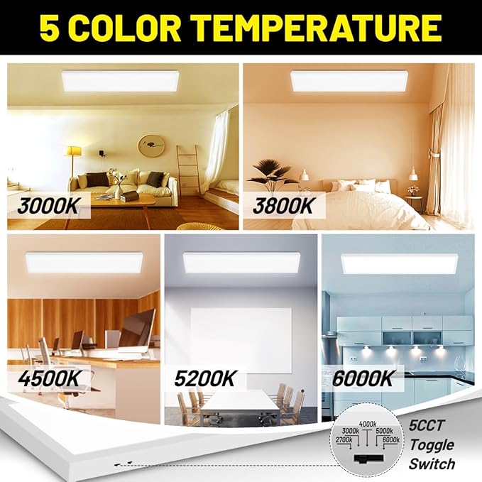 1x4 Led Flat Panel Light Surface Mount 2-Pack, 40W/4980LM, 5CCT 3000K/3800K/4500K/5200K/6000K Selectable, Flush Mount Ceiling Light for Kitchen, Garage, Hallway, Office, ETL